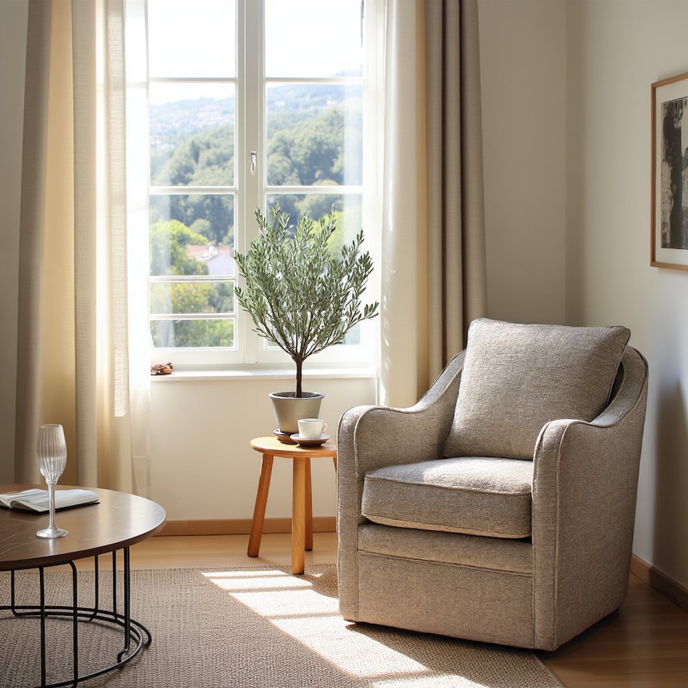 Gray Oversized Swivel Chair, Wide Armchair Solid Wood Frame Upholstered Seat. Picture 3