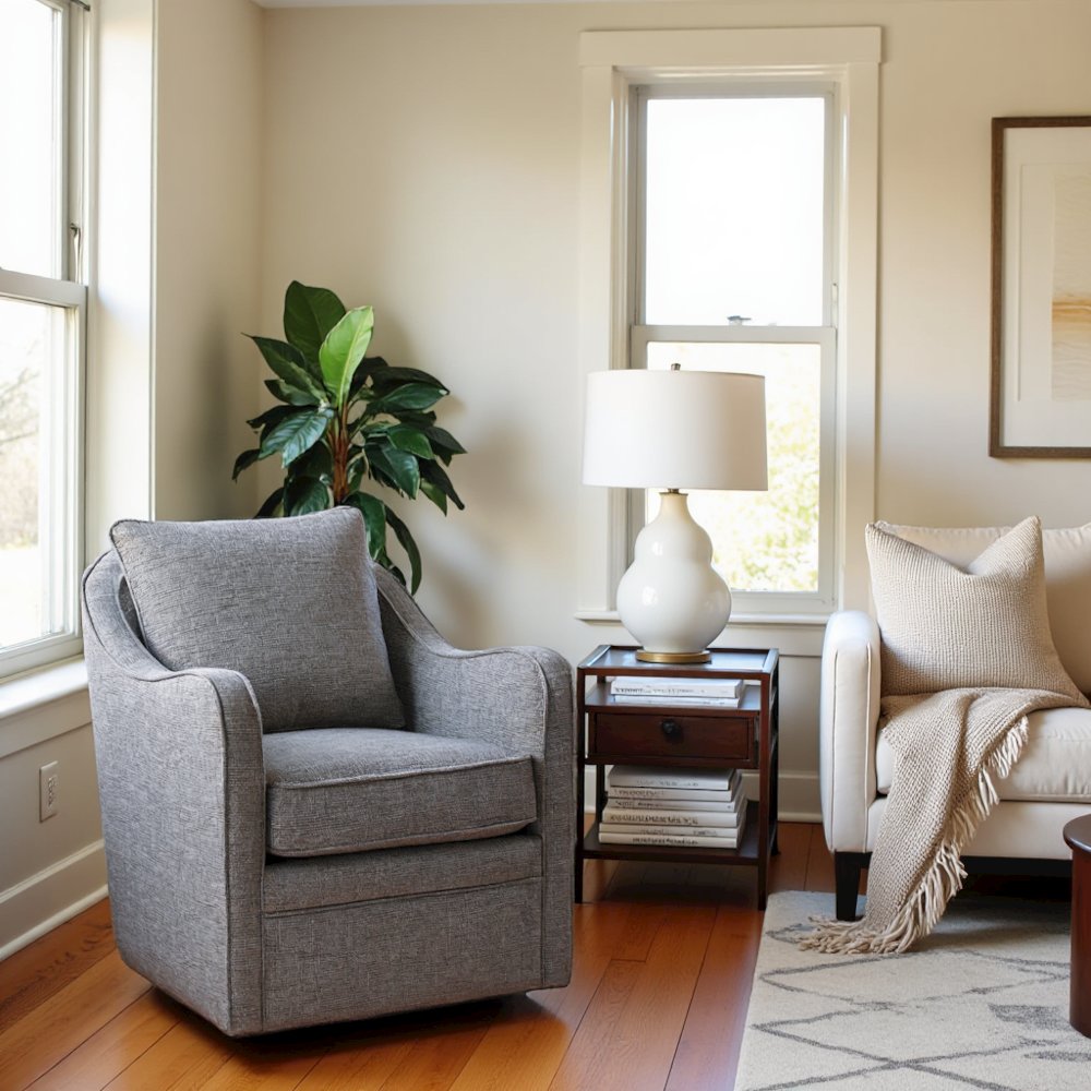 Gray Oversized Swivel Chair, Wide Armchair Solid Wood Frame Upholstered Seat. Picture 2