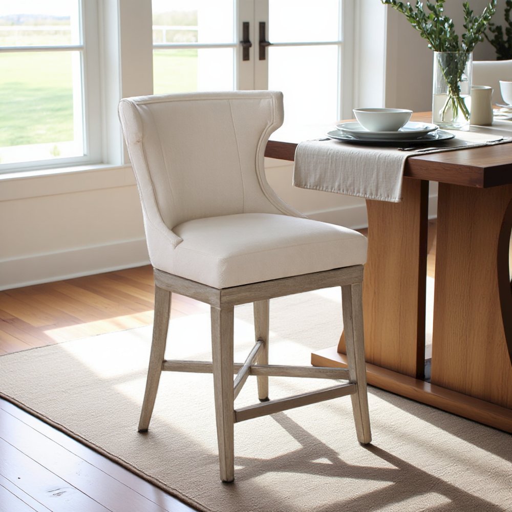 Swivel Beige Bar Height Stool, Upholstered Wingback Counter Height Chair. Picture 2