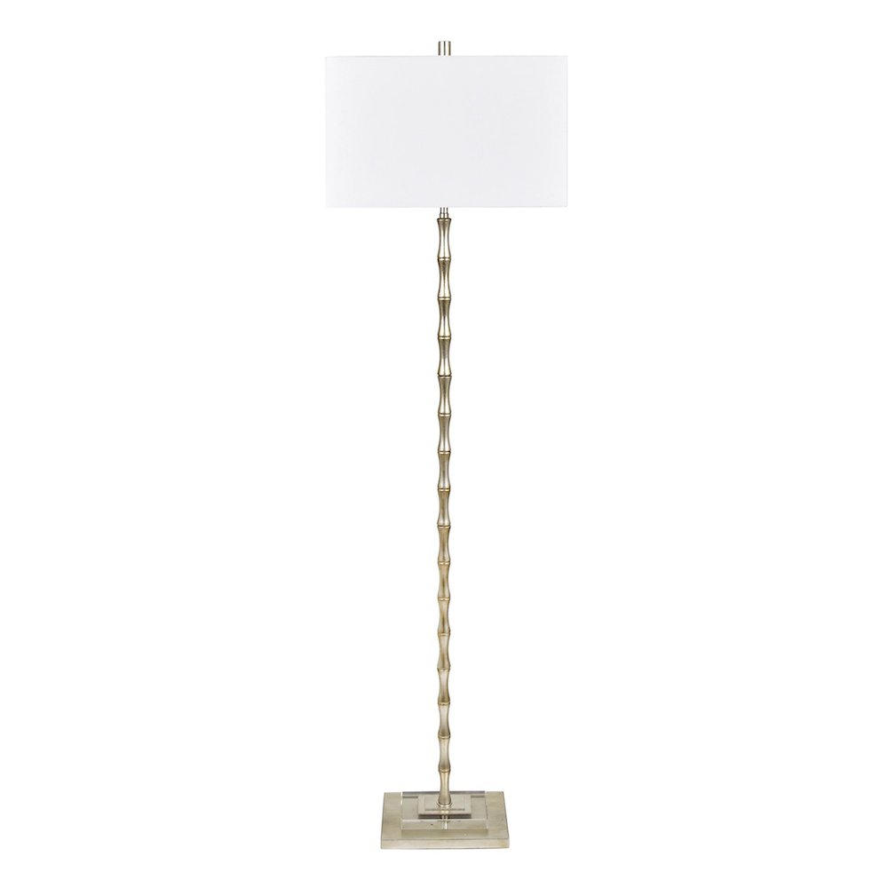 Bamboo-Style Champagne Brass Floor Lamp With Crystal Base And Linen Shade. Picture 1