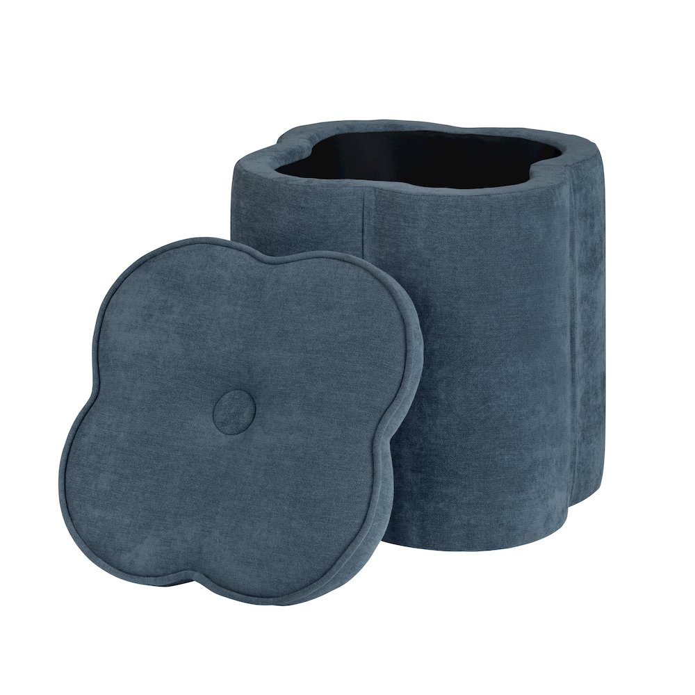 Navy Blue Chenille Flower Ottoman W/ Storage. Picture 2