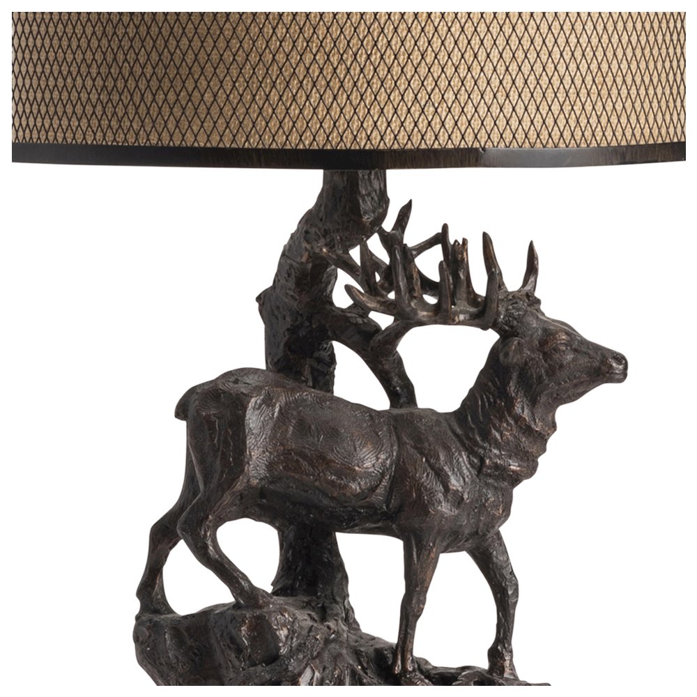 Rustic Resin Table Lamp With Elk Scene And Double Drum Shade.. Picture 4