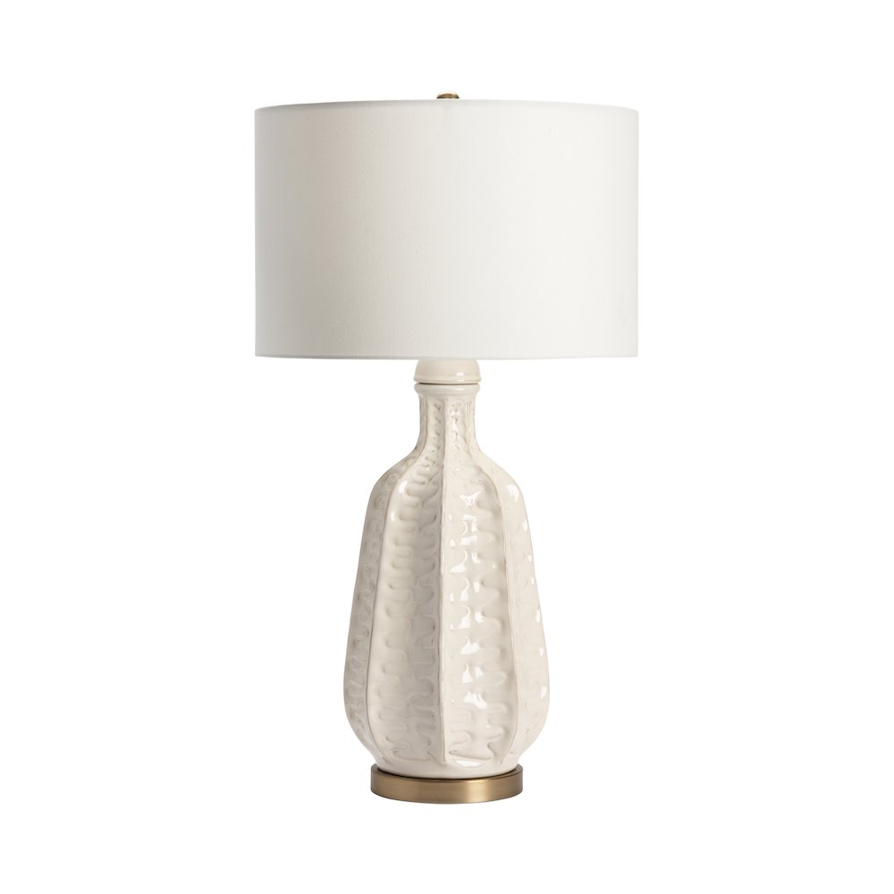 White Ceramic Table Lamp With Ridged Body And Gold Accents. Picture 1