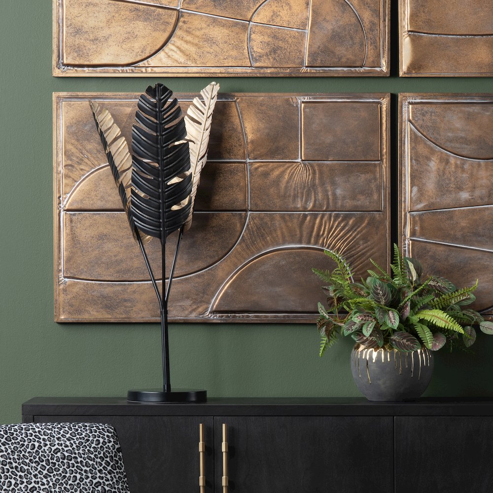 34"H Black And Gold Embossed Metal Palm Fronds Table Lamp With Metal Shade. Picture 6