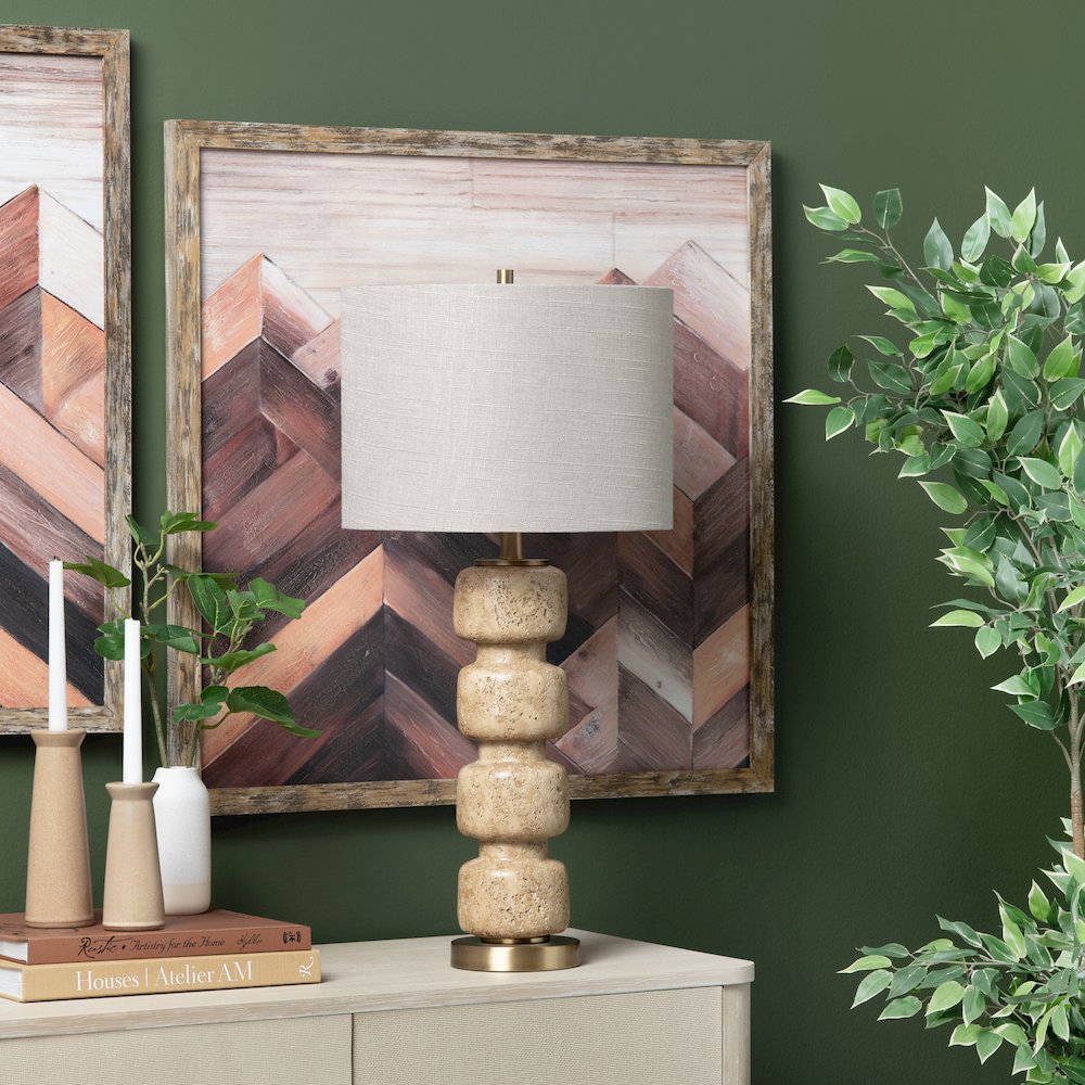 Set Of 2 Travertine Look Resin Table Lamp With Linen Shade. Picture 4