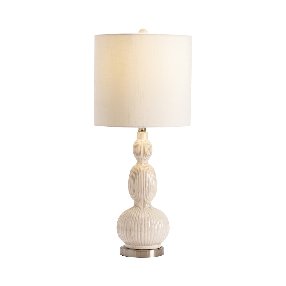 White Triple-Gourd Ceramic Table Lamp With Ribbed Texture And Crystal Base. Picture 2