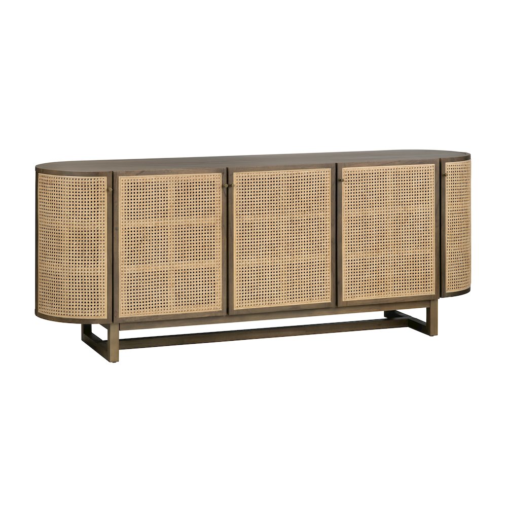 79" Oval Shaped Solid Wood And Cane 5-Door Media Credenza. Picture 1