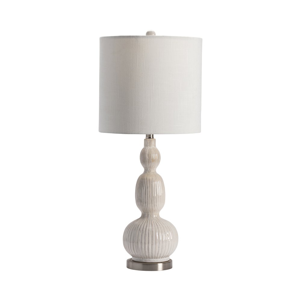 White Triple-Gourd Ceramic Table Lamp With Ribbed Texture And Crystal Base. Picture 1