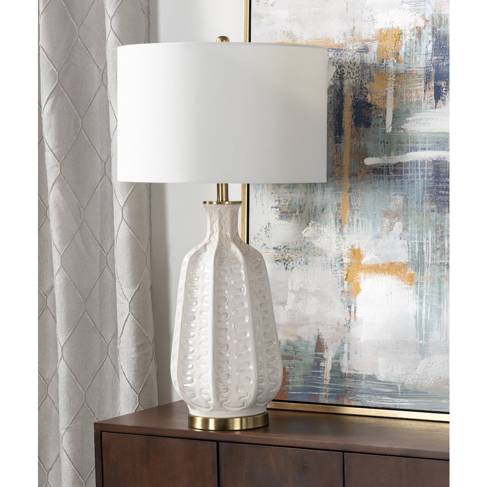 White Ceramic Table Lamp With Ridged Body And Gold Accents. Picture 3