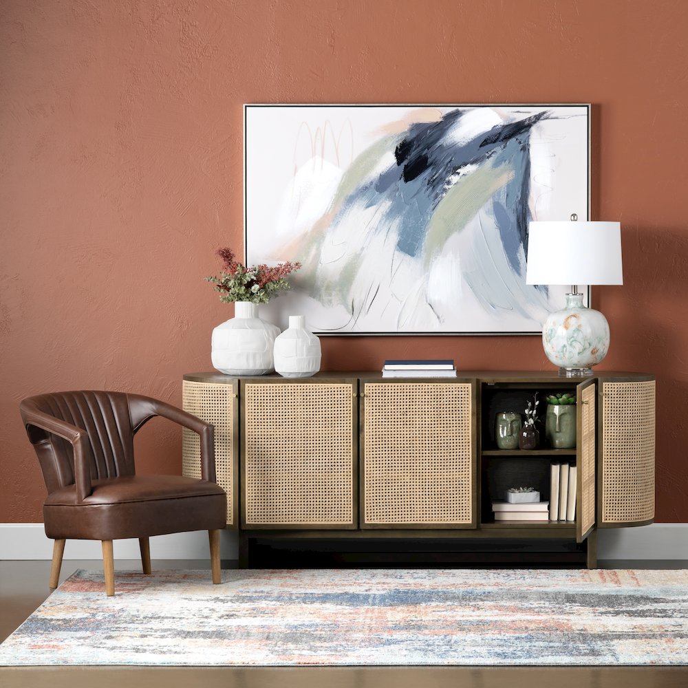 79" Oval Shaped Solid Wood And Cane 5-Door Media Credenza. Picture 5