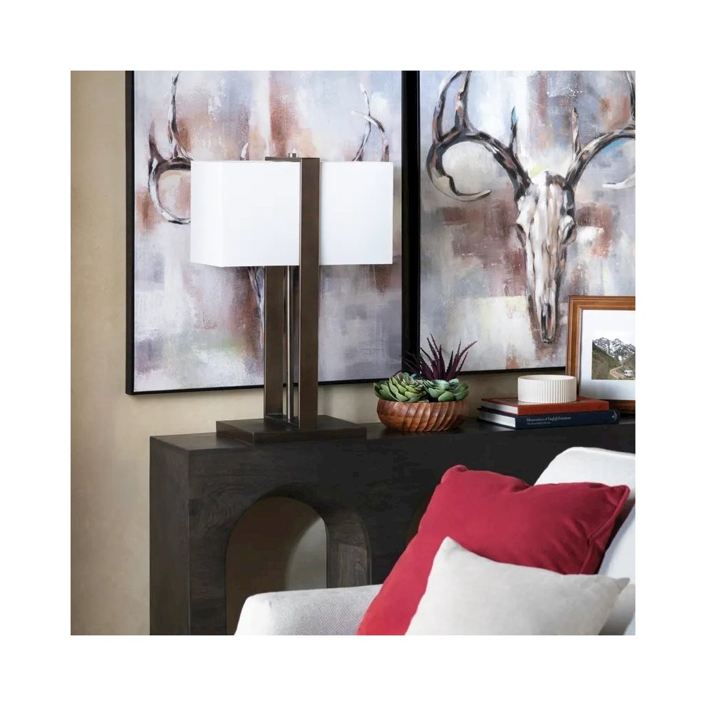 28" Transitional Bronzed Metal Table Lamp with Rectangular Shade. Picture 4
