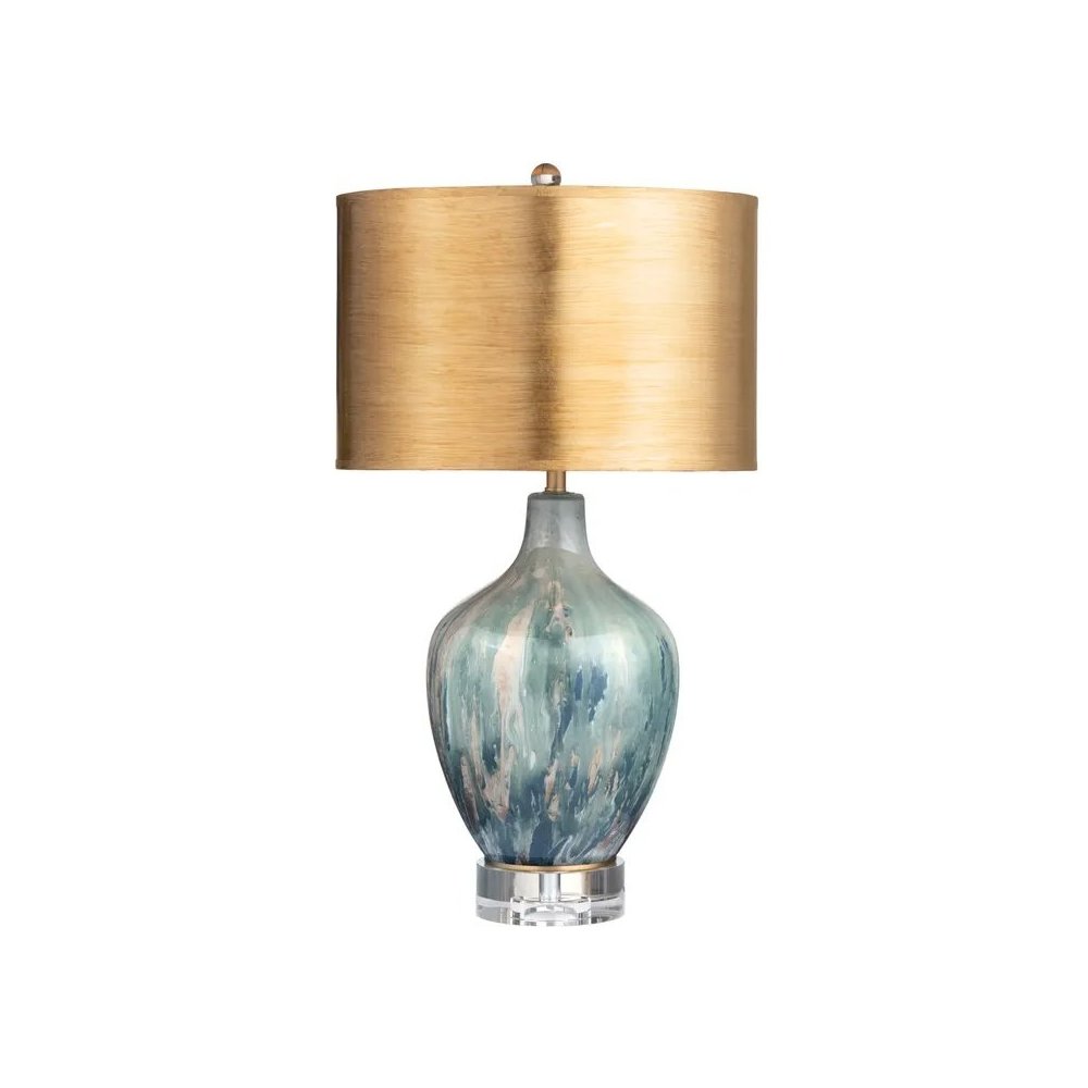 27.5" Transitional Grey Glass Table Lamp with Hand-Painted Gold Shade. Picture 1