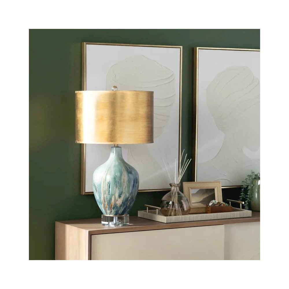 27.5" Transitional Grey Glass Table Lamp with Hand-Painted Gold Shade. Picture 4