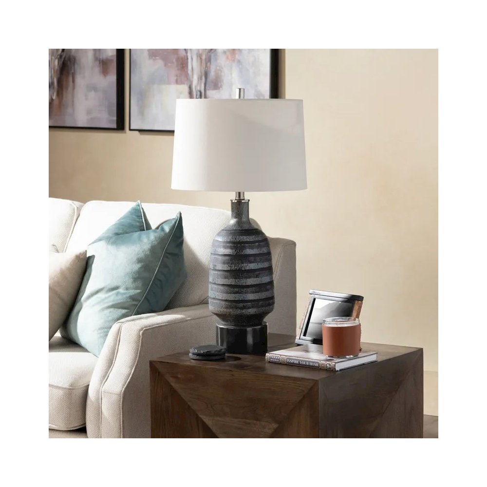 29.75" Transitional Black Glass Table Lamp with Silver Accents. Picture 6
