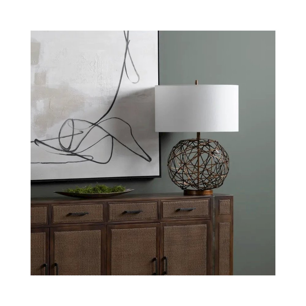 30" Rustic Copper Metal Table Lamp with Faux Leather Accents. Picture 4