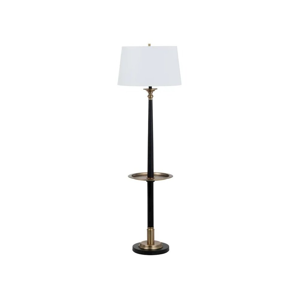 65.5" Traditional Black Metal Floor Lamp with Brass Tray and Linen Shade. Picture 1