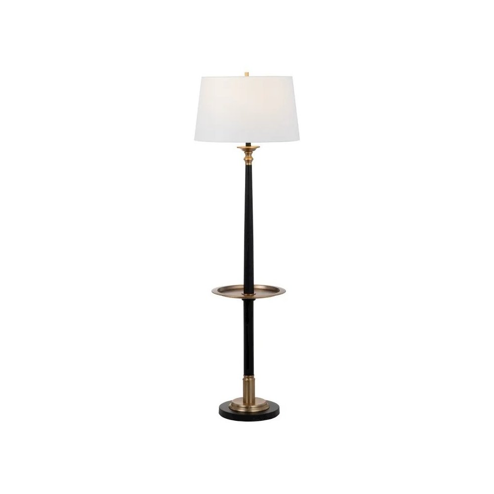 65.5" Traditional Black Metal Floor Lamp with Brass Tray and Linen Shade. Picture 3