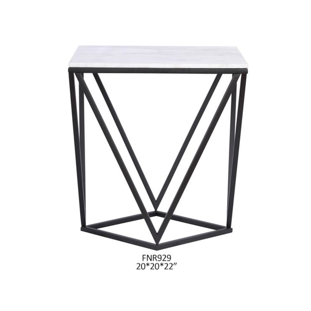 White Marble End Table Black Metal 20x20x22 Modern Style. Picture 1