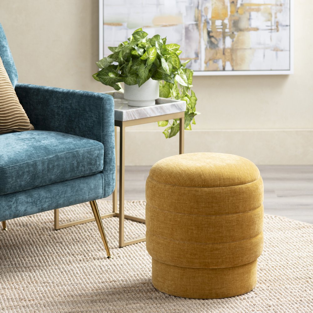Yellow Spice Round Ottoman W/ Storage. Picture 5