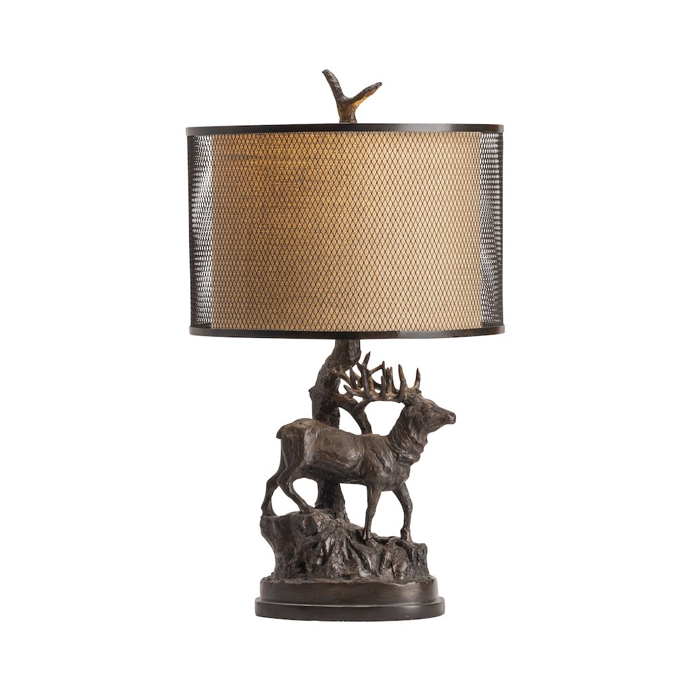 Rustic Resin Table Lamp With Elk Scene And Double Drum Shade.. Picture 2