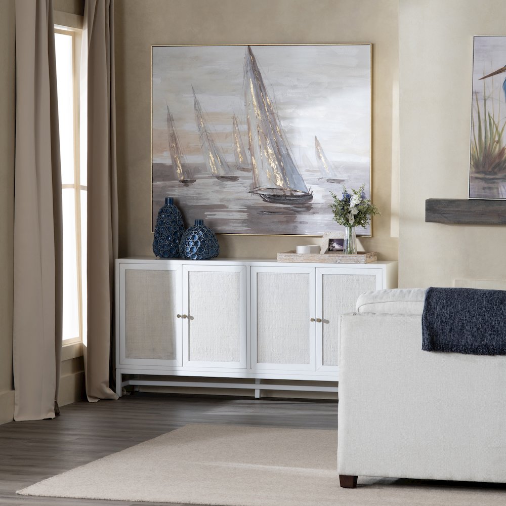 72" White-Washed And Cream 4-Door Media Credenza. Picture 5