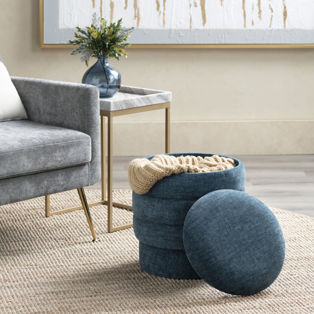 Navy Blue Round Ottoman W/ Storage. Picture 6