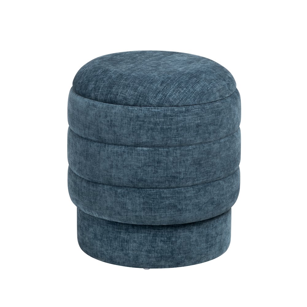 Navy Blue Round Ottoman W/ Storage. Picture 1