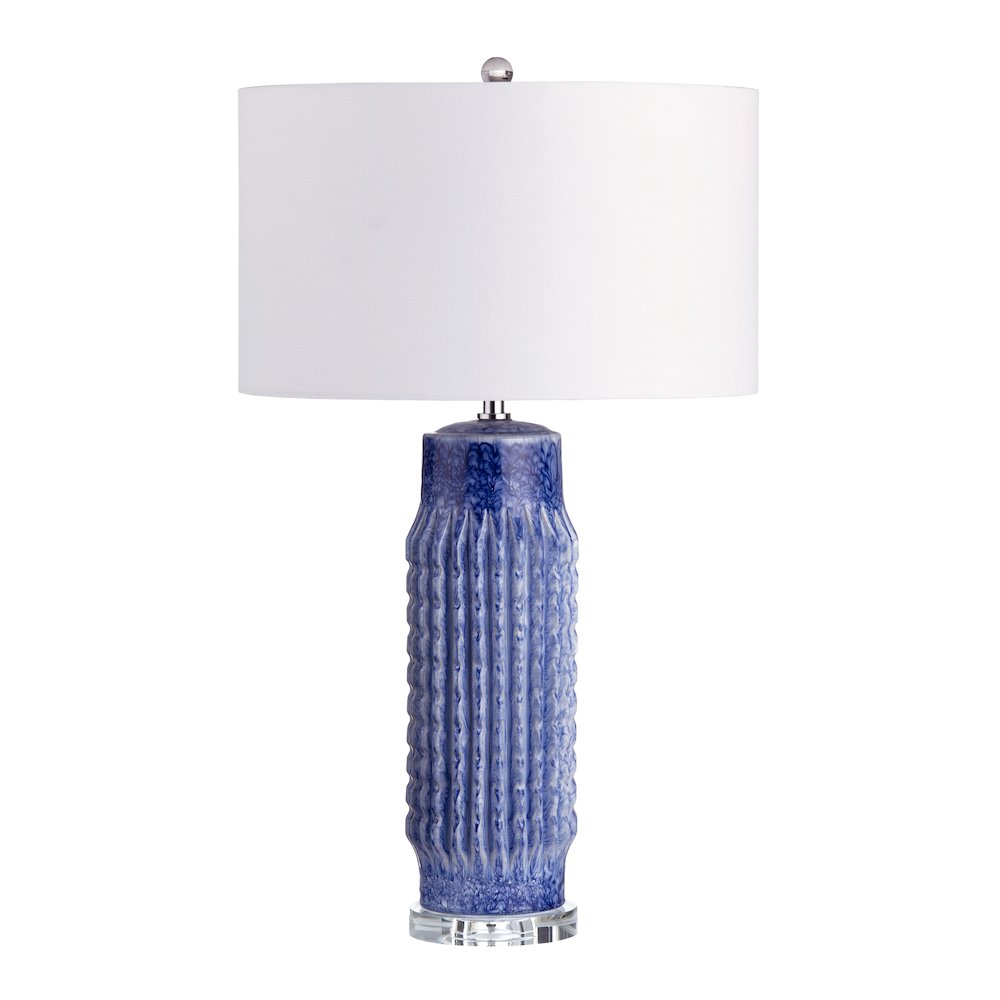 Set Of 2 Blue Ribbed Ceramic Lamps With Crytsal Bases. Picture 1