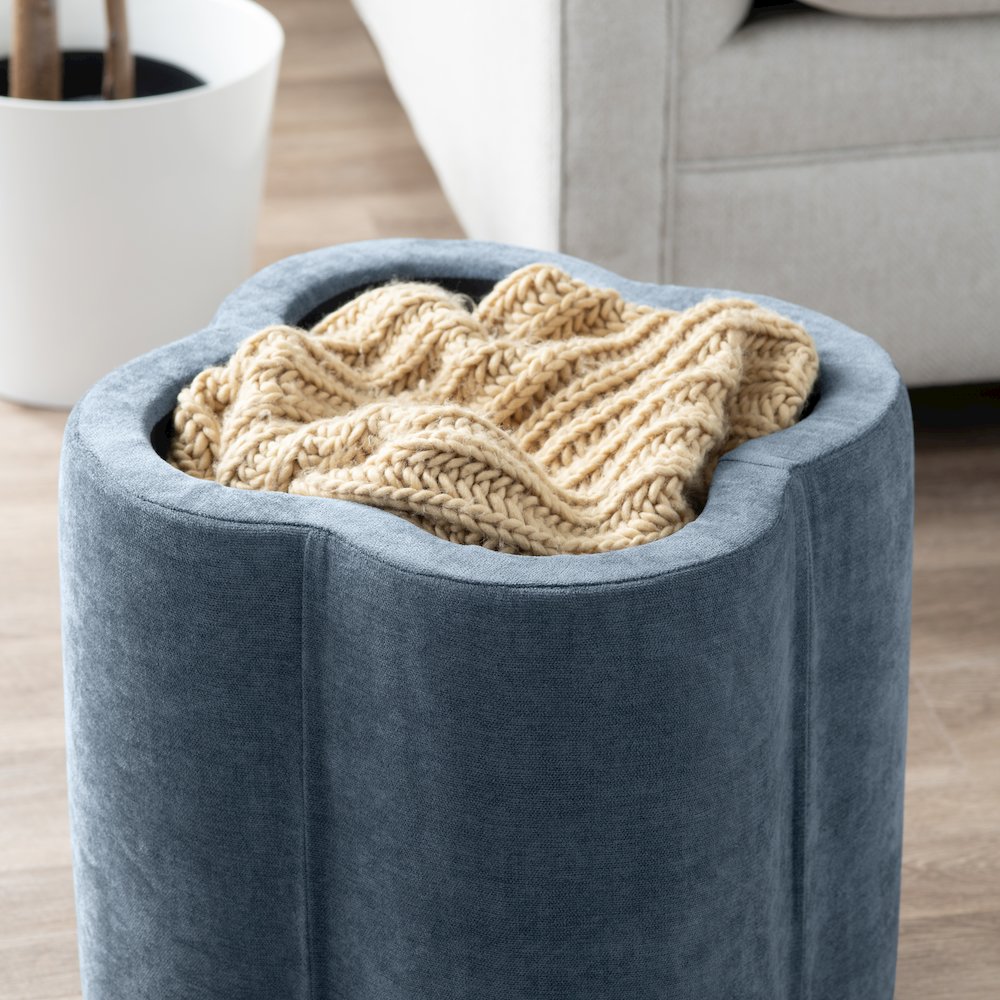 Navy Blue Chenille Flower Ottoman W/ Storage. Picture 6