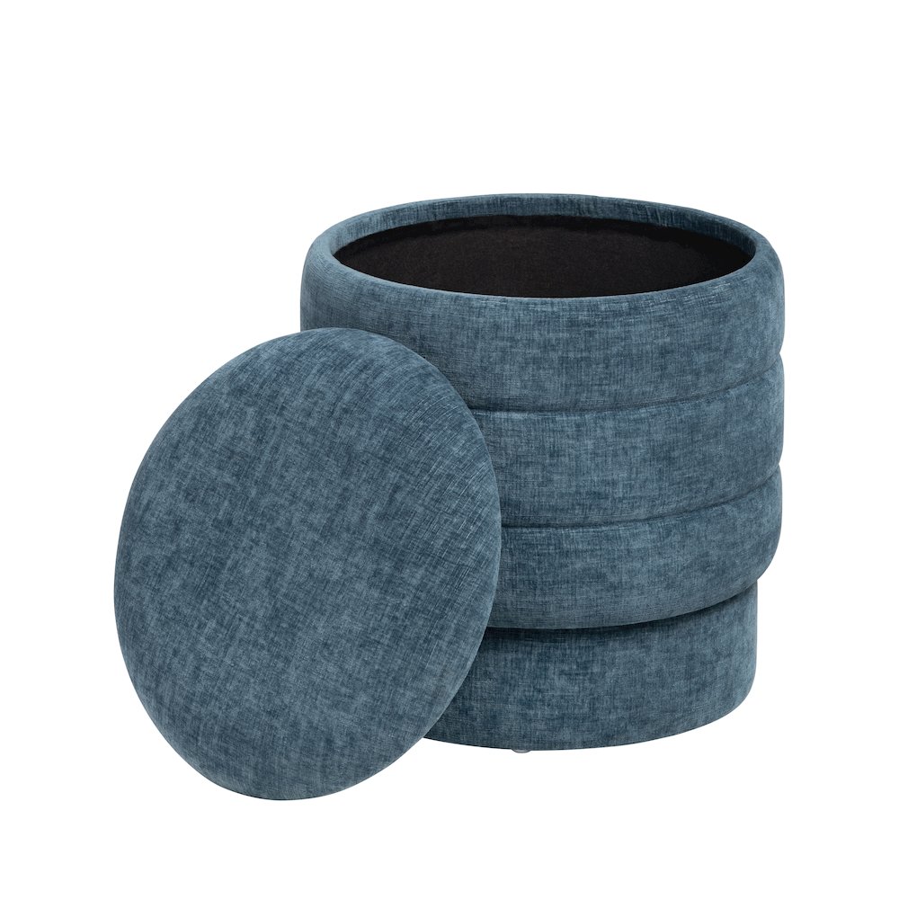 Navy Blue Round Ottoman W/ Storage. Picture 2