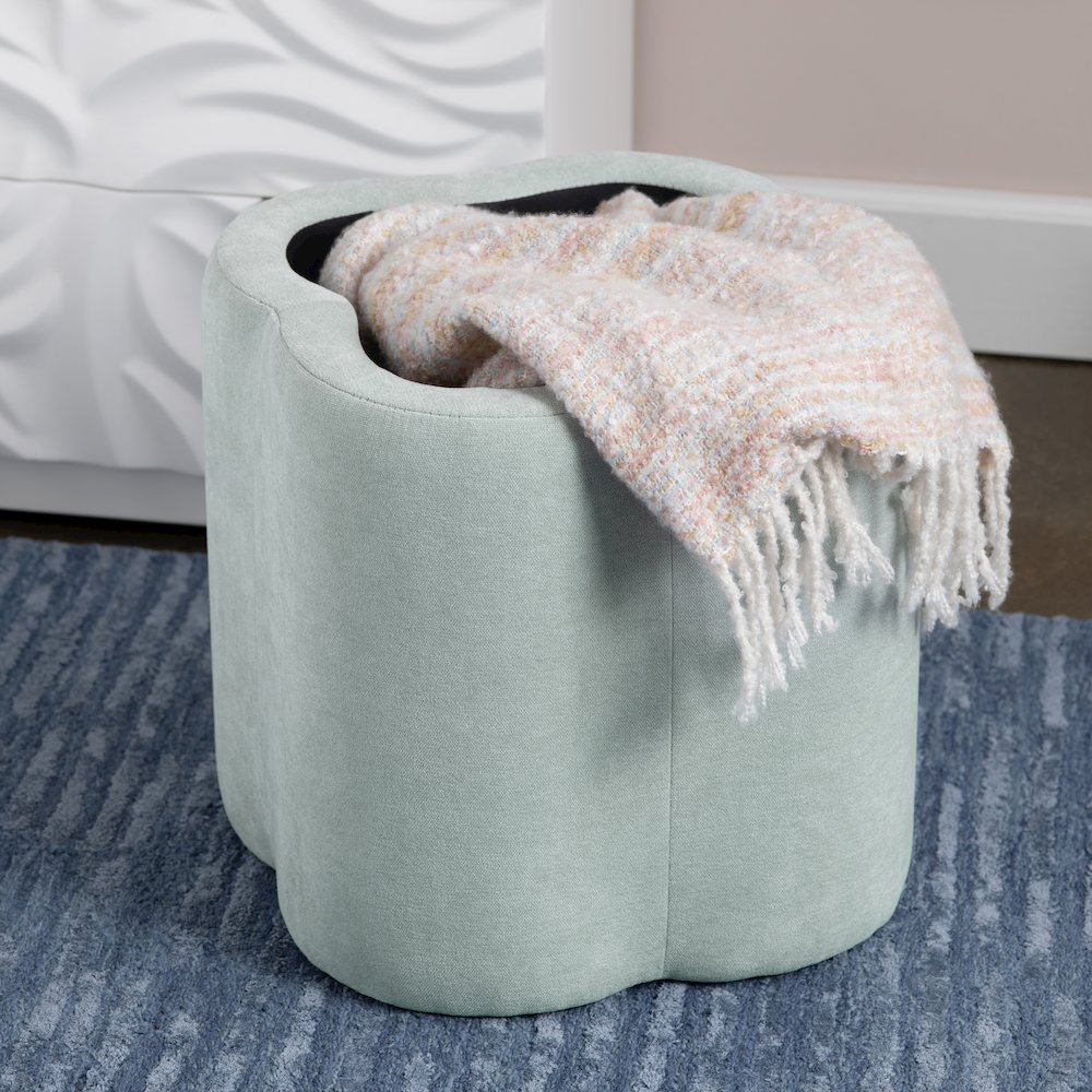 Seafoam Green Chenille Flower Ottoman W/ Storage. Picture 6
