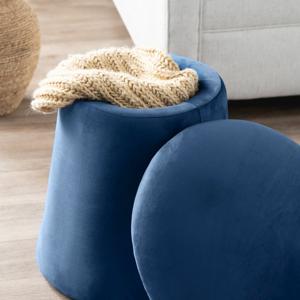 Navy Blue Velvet Mushroom Ottoman W/ Storage. Picture 6