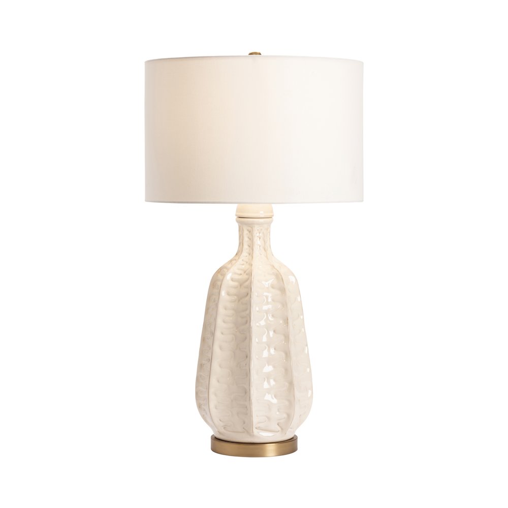 White Ceramic Table Lamp With Ridged Body And Gold Accents. Picture 2