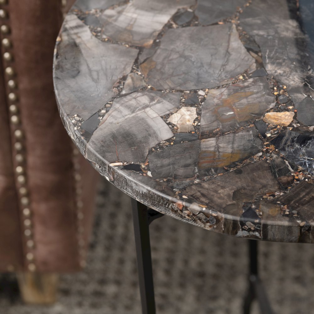 Black Petrified Wood And Metal Round Accent_End Table. Picture 4