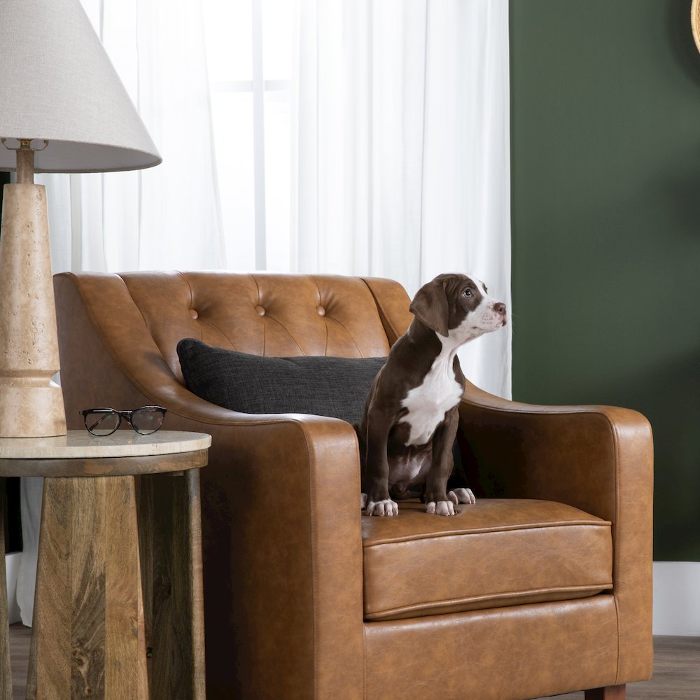 Brown Faux Leather Button Tufted Upholstered Accent Chair. Picture 7