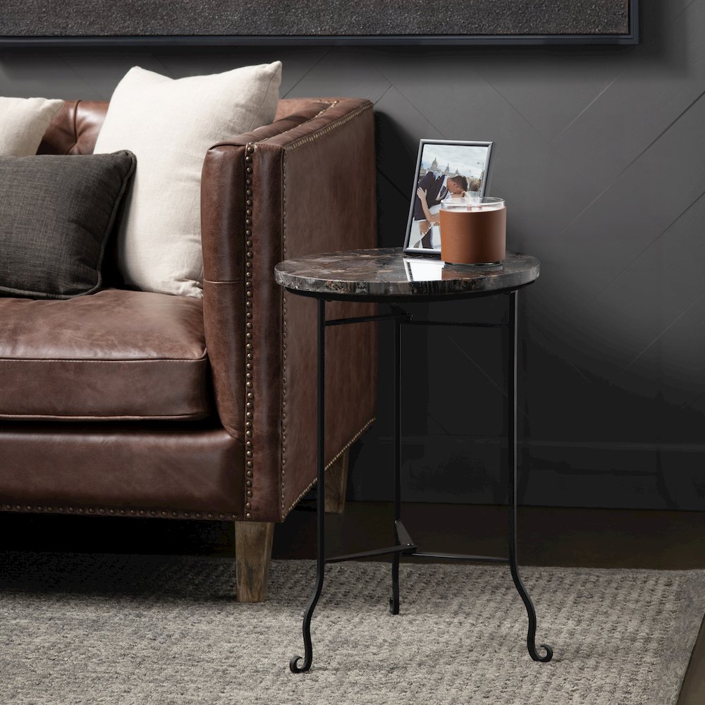 Black Petrified Wood And Metal Round Accent_End Table. Picture 3
