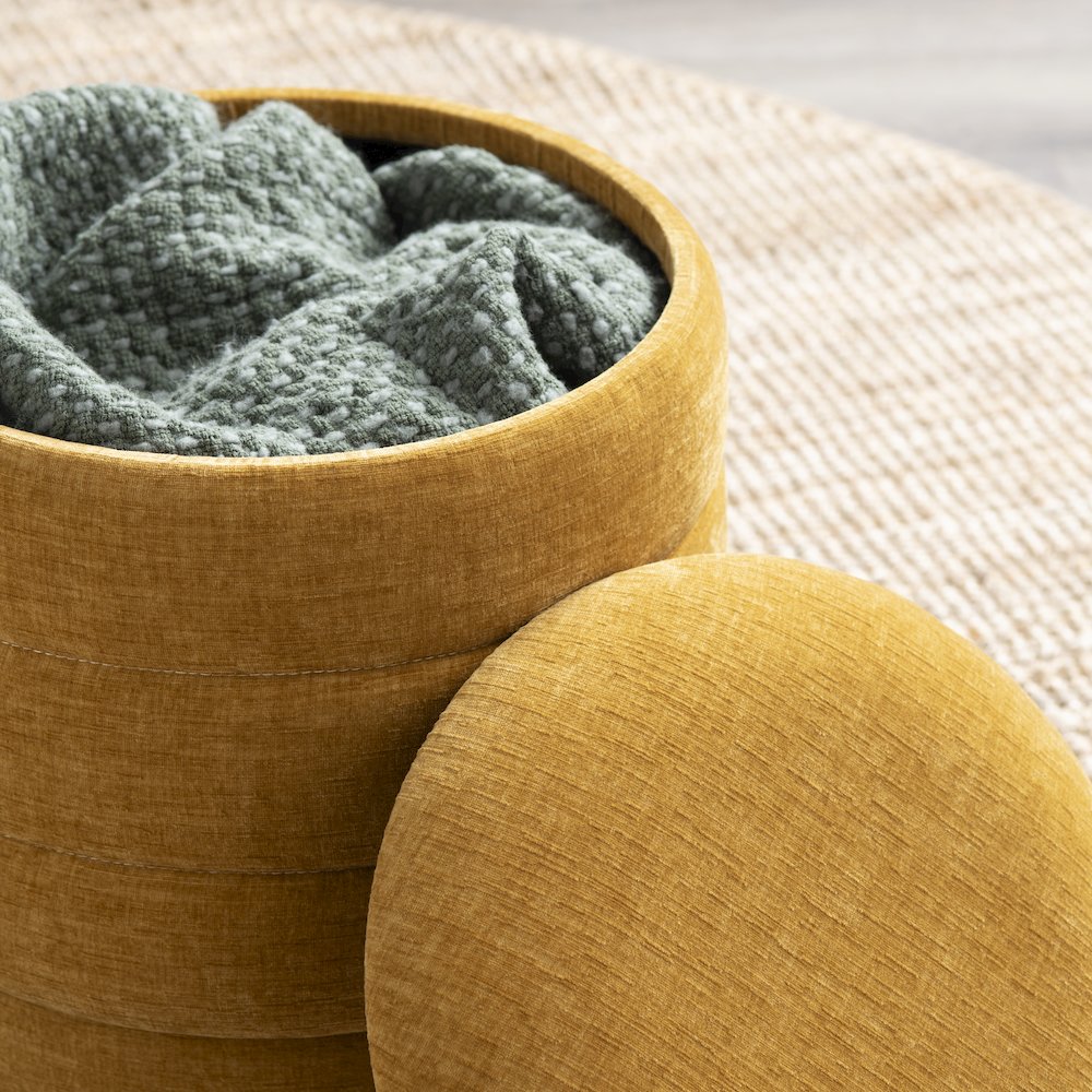 Yellow Spice Round Ottoman W/ Storage. Picture 6