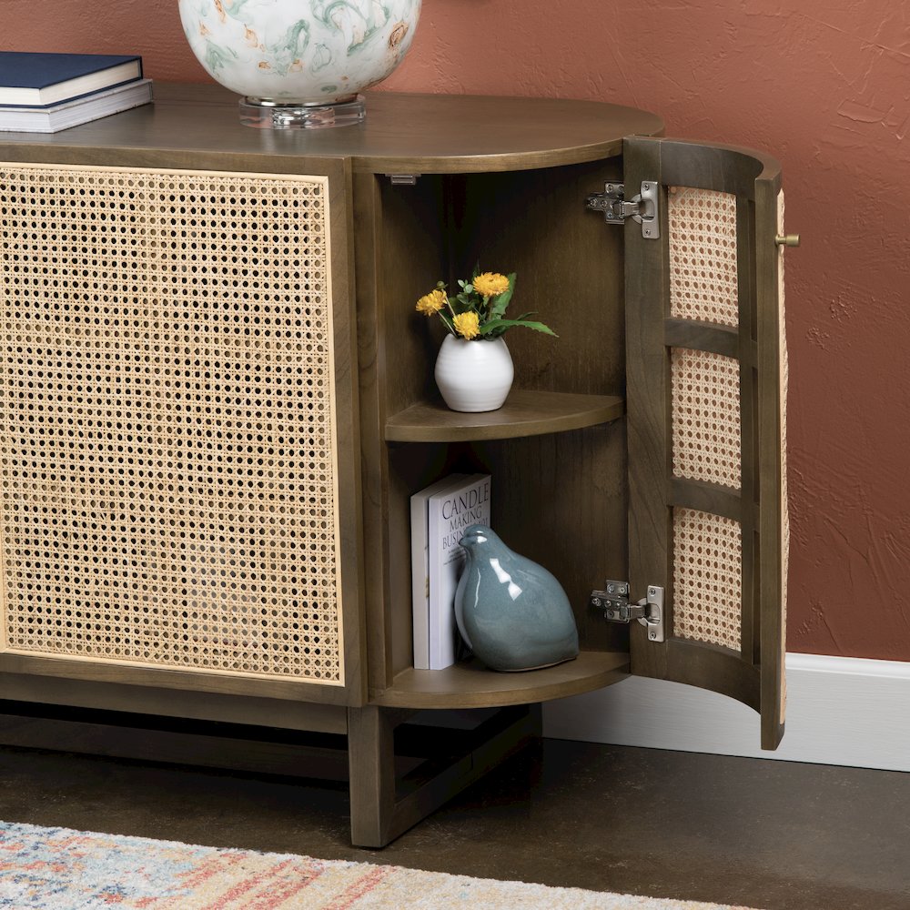 79" Oval Shaped Solid Wood And Cane 5-Door Media Credenza. Picture 8