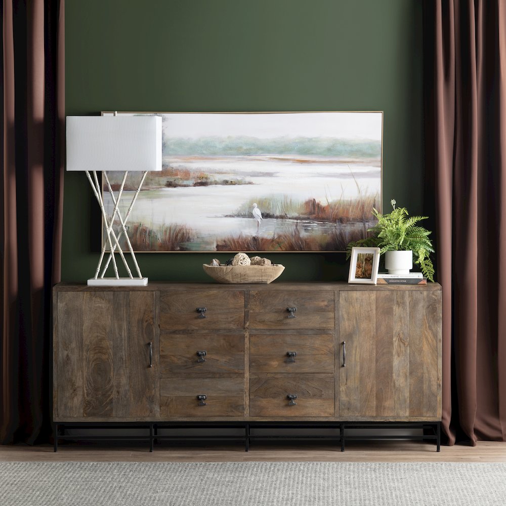 80" Solid Wood & Metal 2-Door, 6-Drawer Media Credenza. Picture 8
