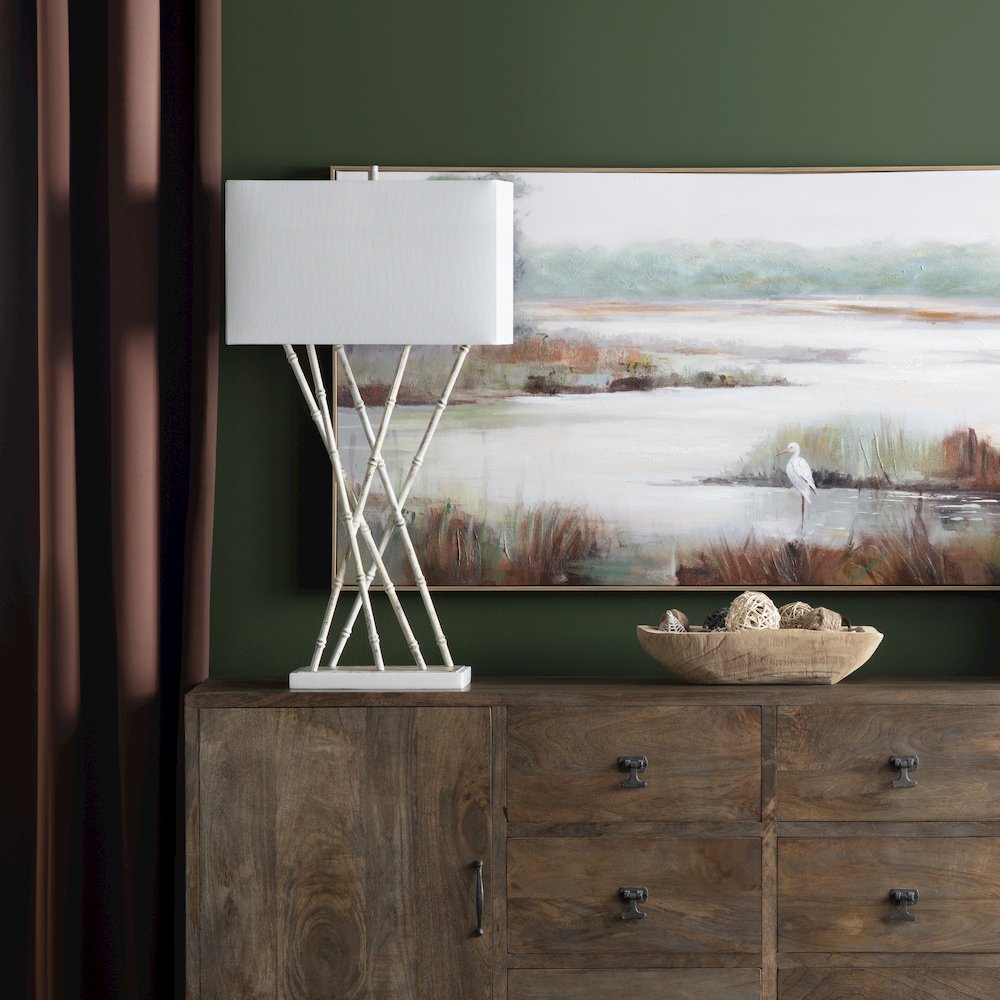 36.25"H Metal Bamboo Shoots And Marble Table Lamp With Linen Shade. Picture 4