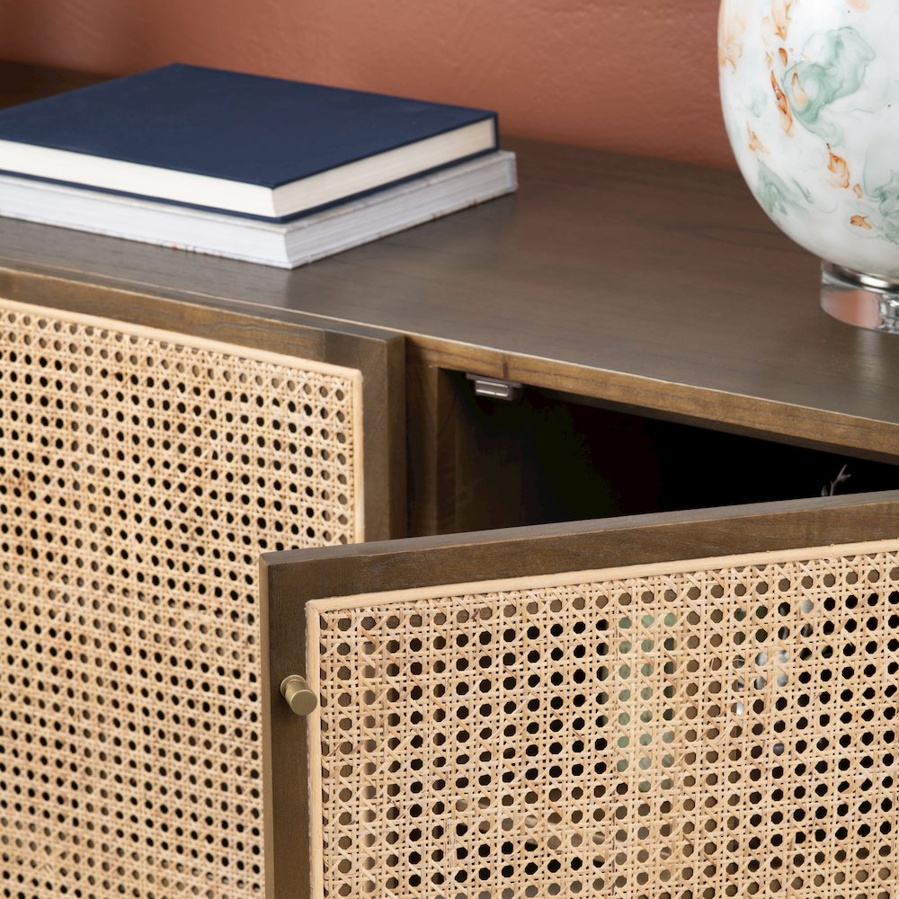79" Oval Shaped Solid Wood And Cane 5-Door Media Credenza. Picture 9