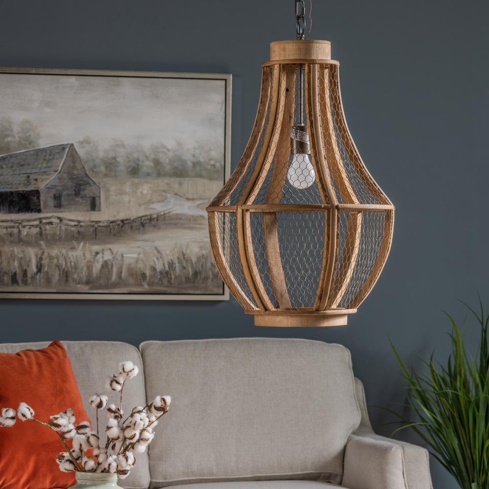 Brown Deja Single Light Metal and Wood Pendant. Picture 2