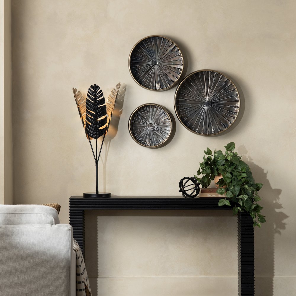34"H Black And Gold Embossed Metal Palm Fronds Table Lamp With Metal Shade. Picture 4