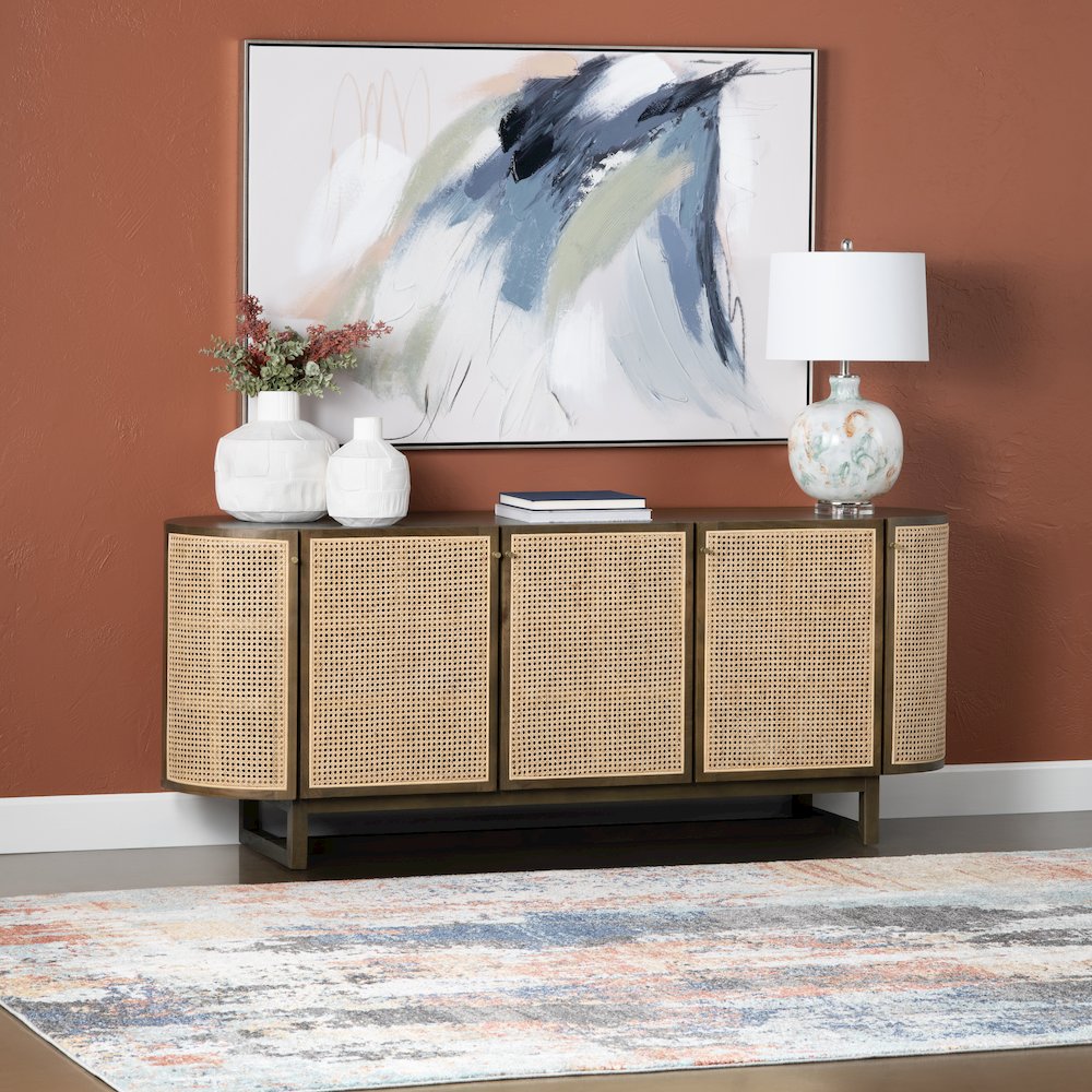 79" Oval Shaped Solid Wood And Cane 5-Door Media Credenza. Picture 6