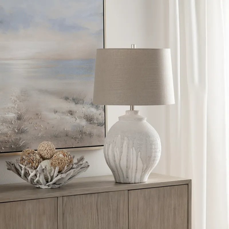 30.75" Coastal White Ceramic Table Lamp with Handpainted Grey Texture. Picture 2