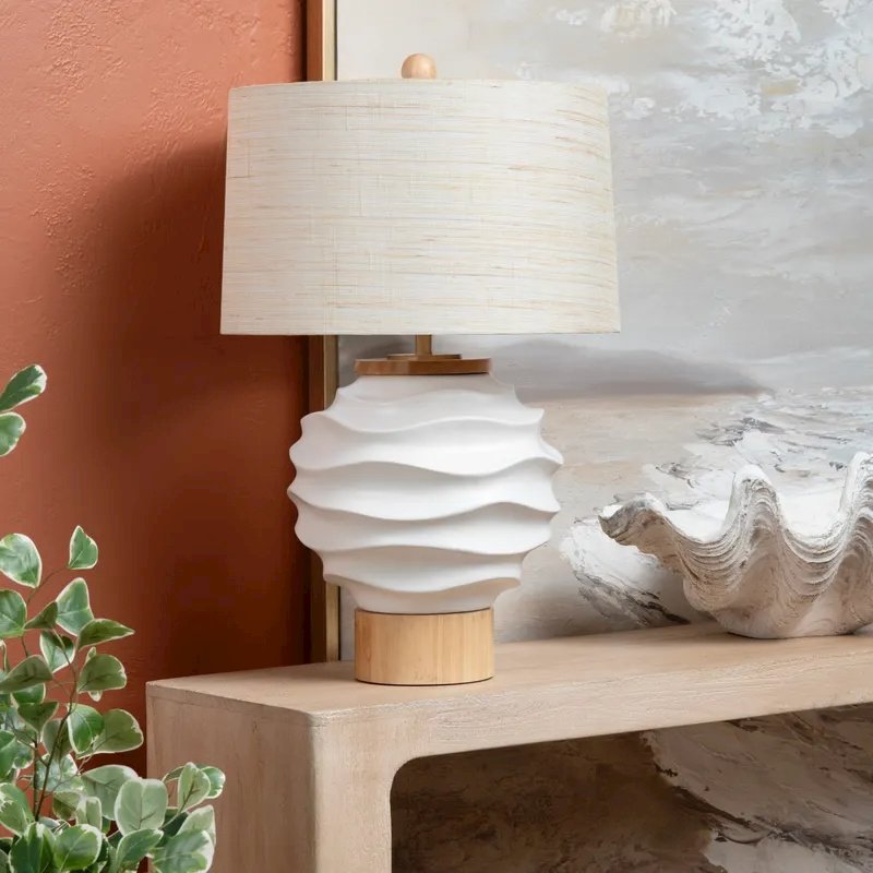 28.5" Coastal White Ceramic Table Lamp with Textured Ridges. Picture 4
