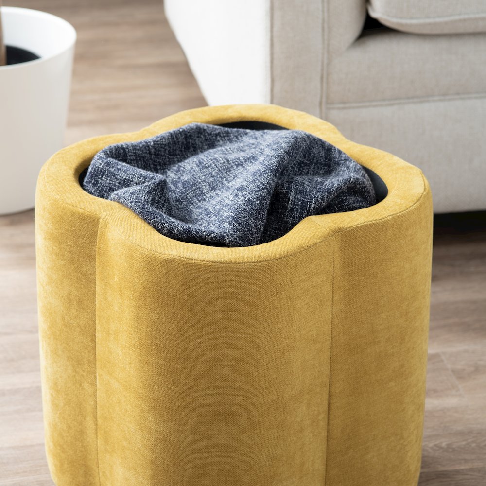 Spice Yellow Chenille Flower Ottoman W/ Storage. Picture 6
