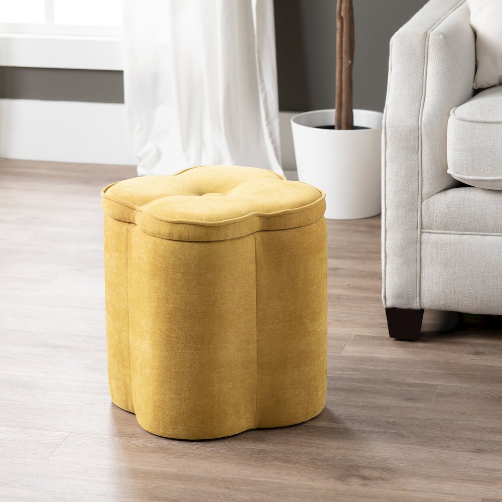 Spice Yellow Chenille Flower Ottoman W/ Storage. Picture 5