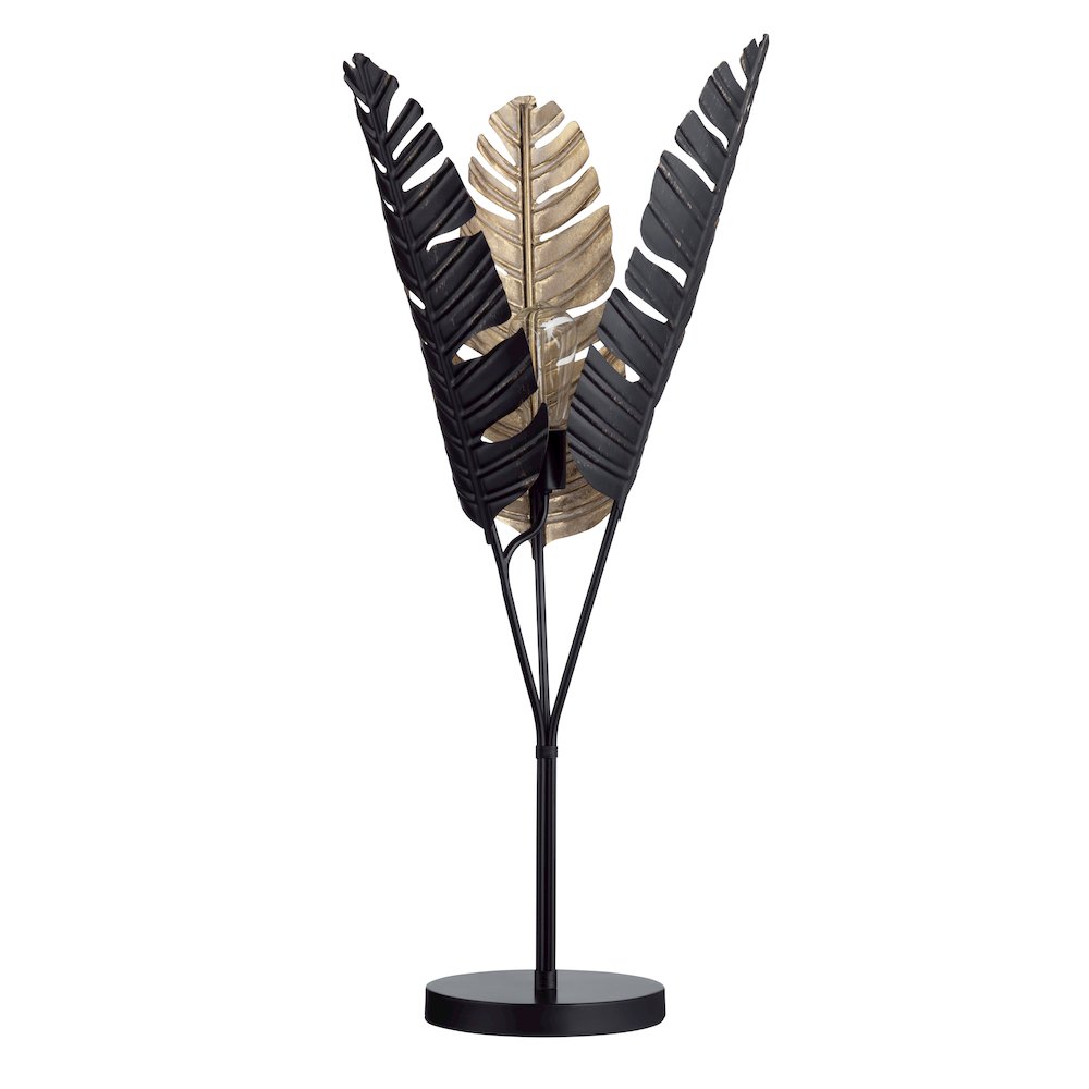 34"H Black And Gold Embossed Metal Palm Fronds Table Lamp With Metal Shade. Picture 1