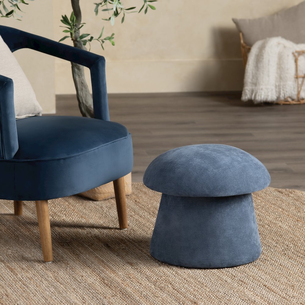 Navy Blue Chenille Mushroom Ottoman W/ Storage. Picture 5